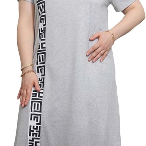 Striped Pocket Greek Print Side Slit Tee Dress - Picture 12 of 12